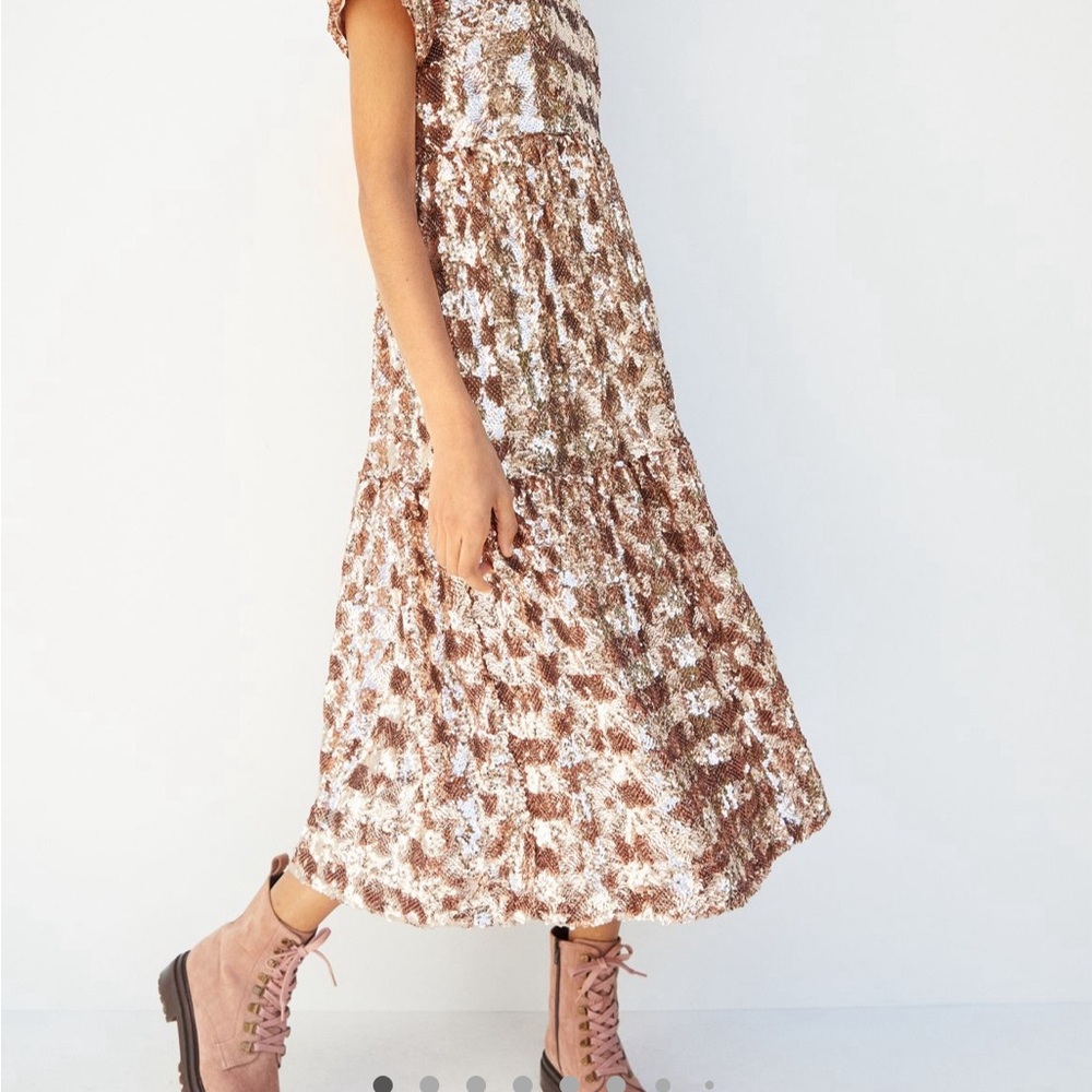 Anthropologie Maeve Bernadette Sequined Midi Dress Pink